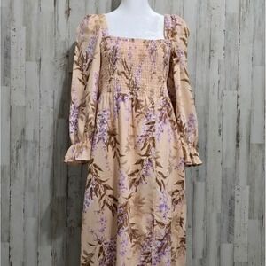 House of Harlow 1960 Peach Pink Floral Linen Blend Boho Midi Dress Size Medium